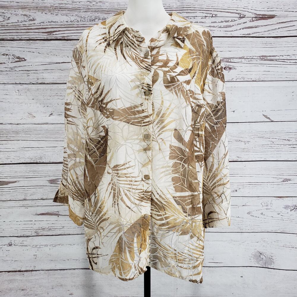 Alfred Dunner Women's Leaf Print Light Sheer Button Up Top Size 16W